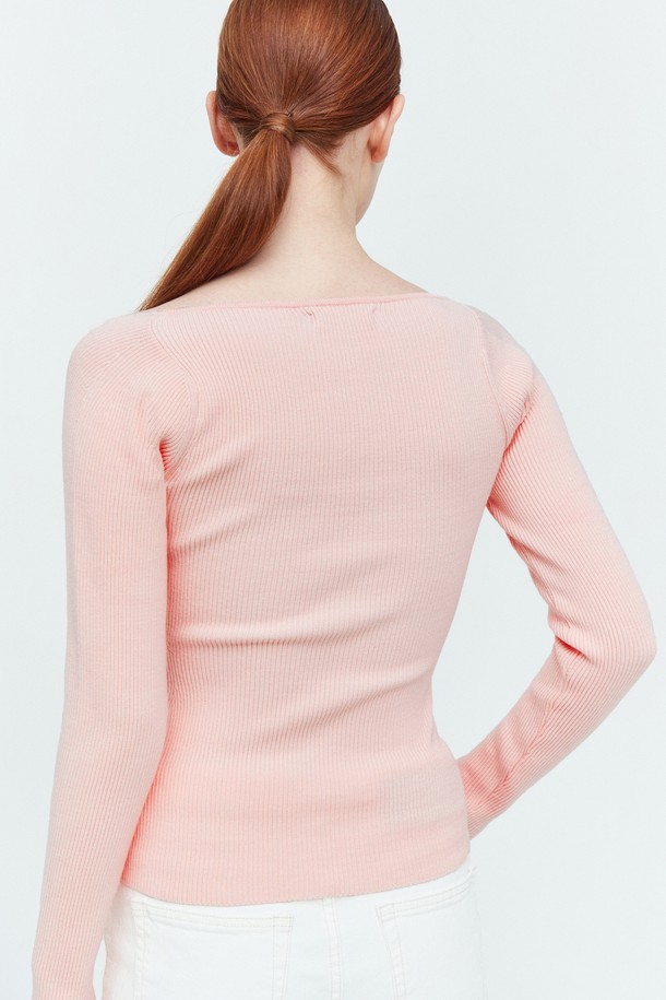 pelote - 긴소매 티셔츠 - Heart Neck Rib Knit Top