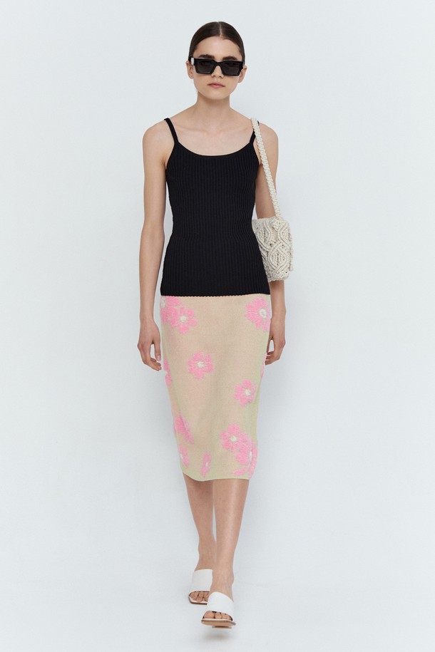 pelote - 미디스커트 - Jacquard Flower Pattern Midi Skirt