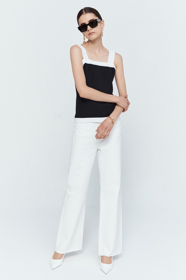 pelote - 민소매티셔츠 - Back Button Square Neck Knit Sleeveless