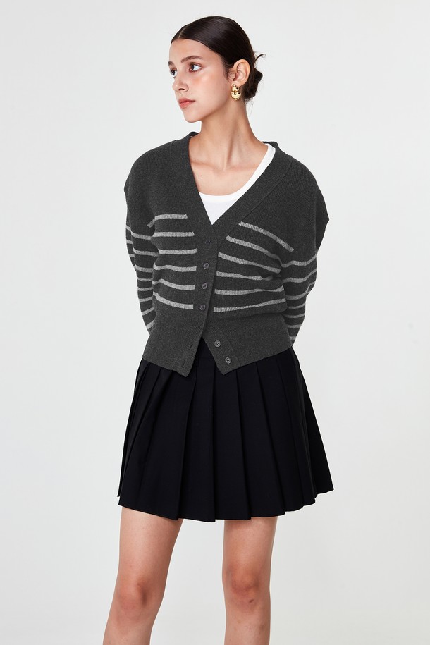 pelote - 가디건 - V-neck Striped Cardigan