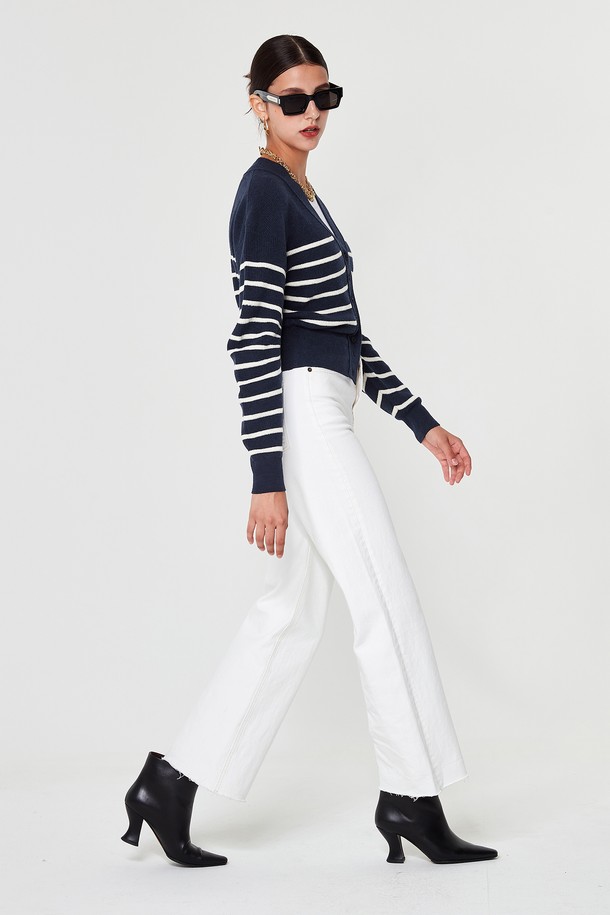 pelote - 가디건 - V-neck Striped Cardigan