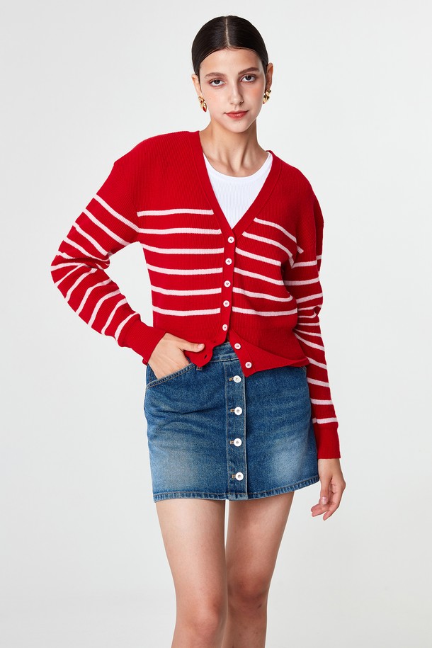 pelote - 가디건 - V-neck Striped Cardigan