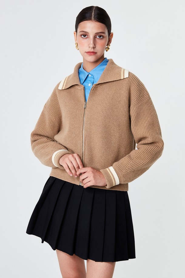 pelote - 가디건 - Collar Neck Zip-up Tasmania Wool Cardigan