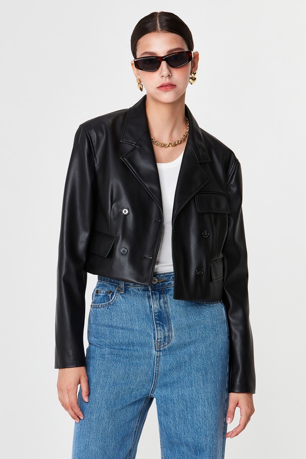 pelote - 레더 자켓 - Eco-Leather Dubble Button Crop Jacket