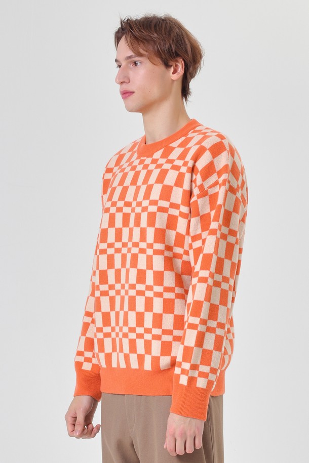 pelote - 스웨터 - Checkerboard Cashmere Round Neck Wool Knit