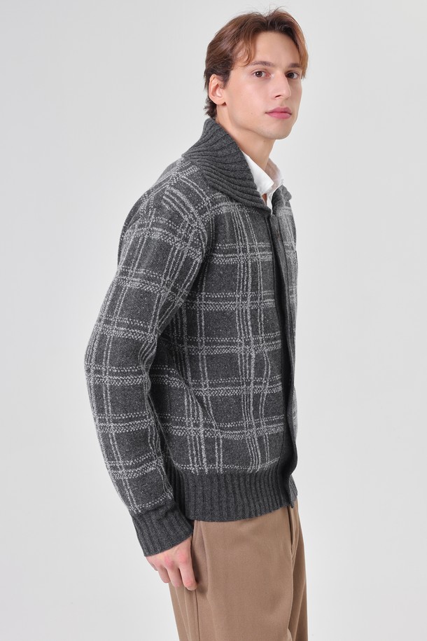 pelote - 가디건 - Tartan Check Collar Neck Boucle Wool Cardigan