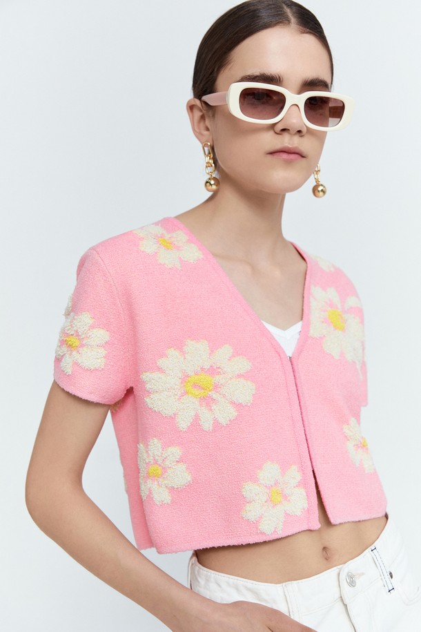 pelote - 가디건 - Jacquard Flower-Patterned Bolero Cardigan