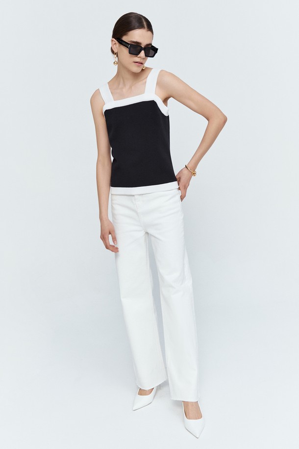 pelote - 민소매티셔츠 - Back Button Square Neck Knit Sleeveless