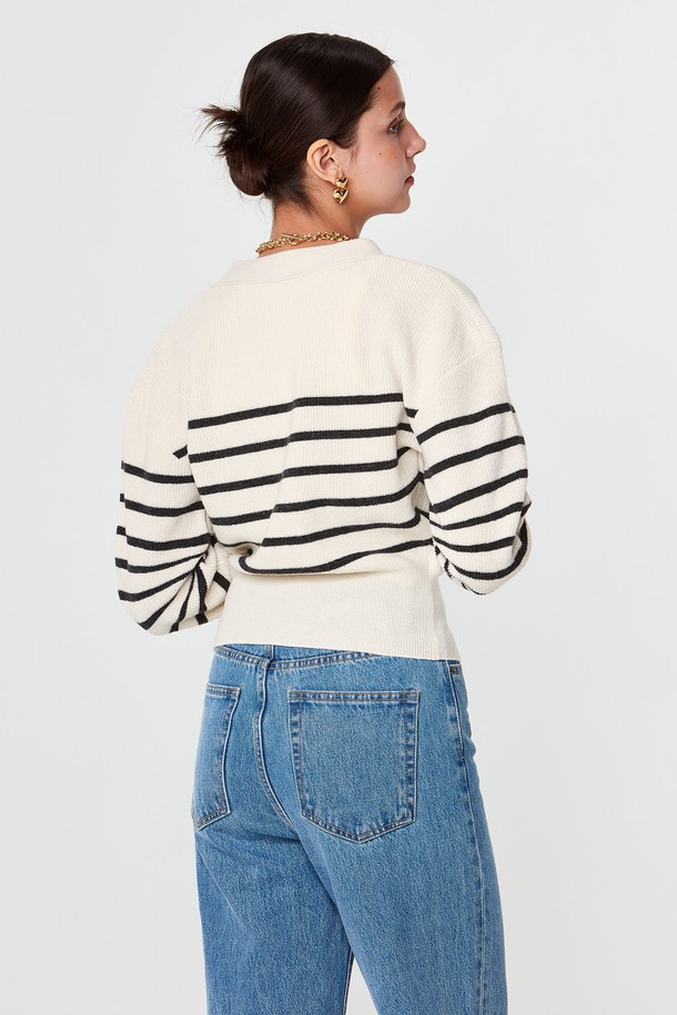 pelote - 가디건 - V-neck Striped Cardigan