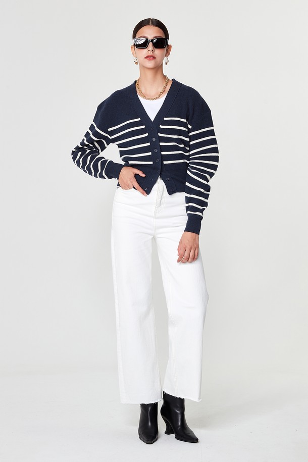 pelote - 가디건 - V-neck Striped Cardigan