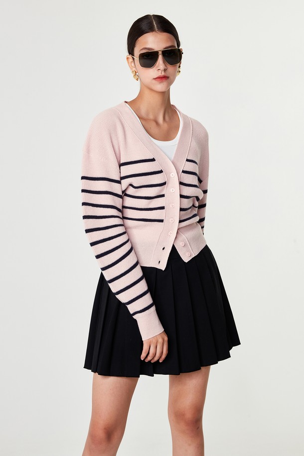 pelote - 가디건 - V-neck Striped Cardigan