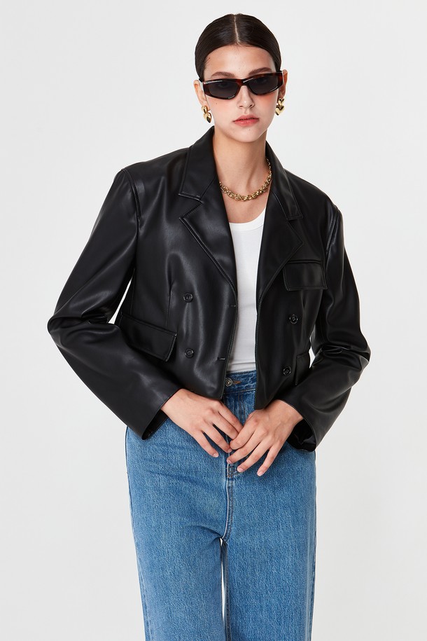 pelote - 레더 자켓 - Eco-Leather Dubble Button Crop Jacket