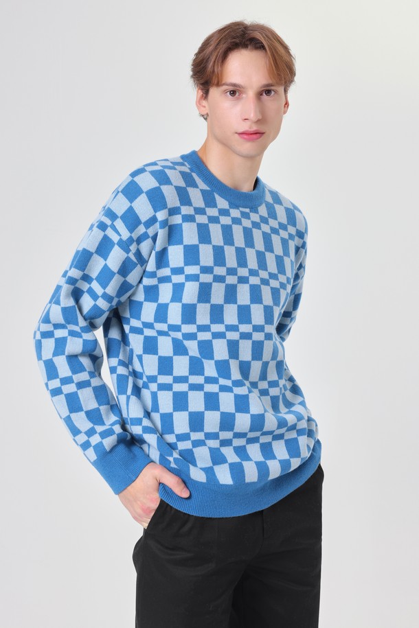 pelote - 스웨터 - Checkerboard Cashmere Round Neck Wool Knit