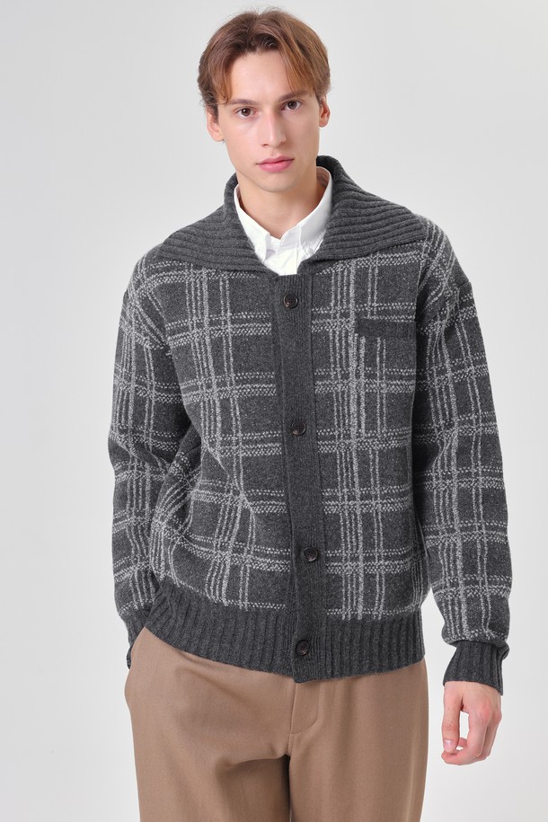 pelote - 가디건 - Tartan Check Collar Neck Boucle Wool Cardigan