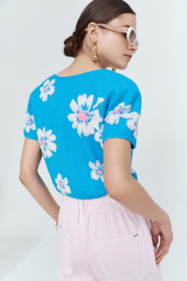 pelote - 가디건 - Jacquard Flower-Patterned Bolero Cardigan