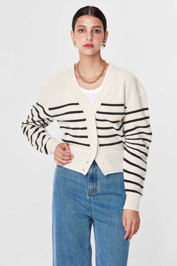 pelote - 가디건 - V-neck Striped Cardigan