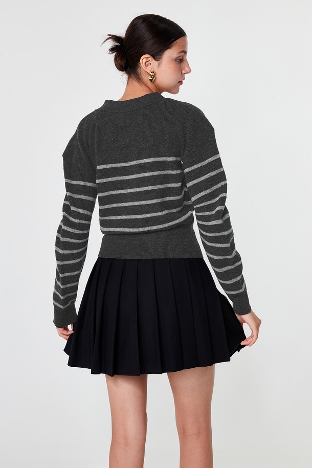 pelote - 가디건 - V-neck Striped Cardigan