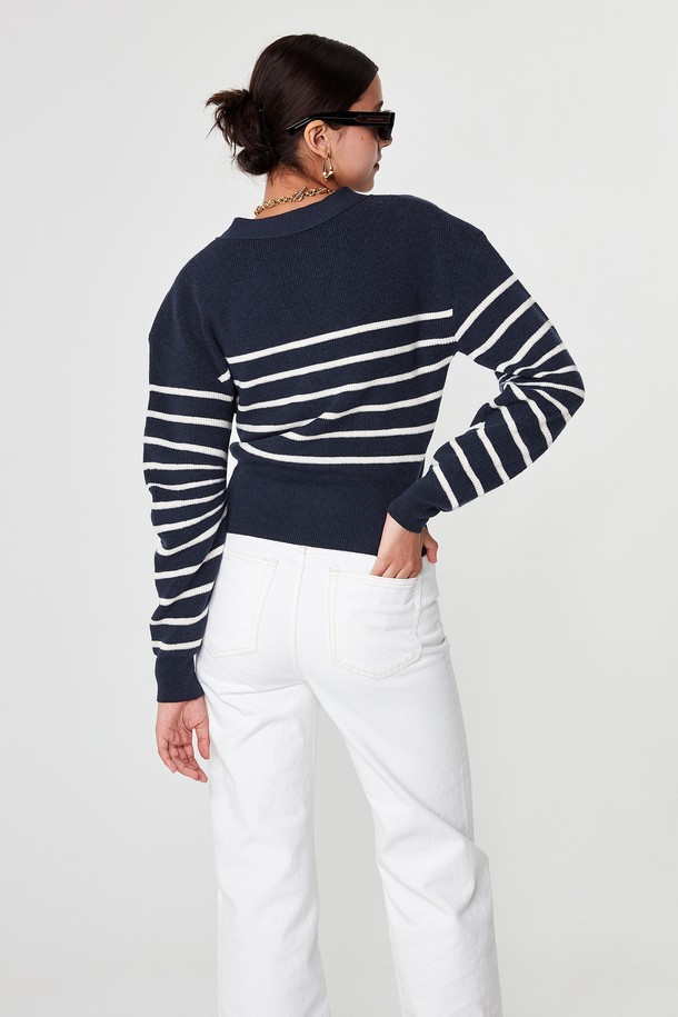 pelote - 가디건 - V-neck Striped Cardigan