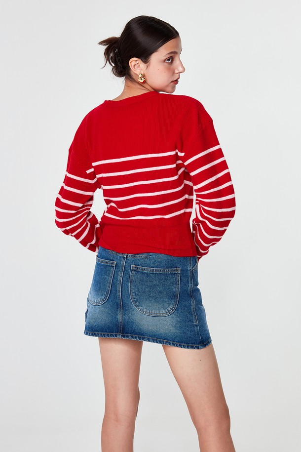 pelote - 가디건 - V-neck Striped Cardigan