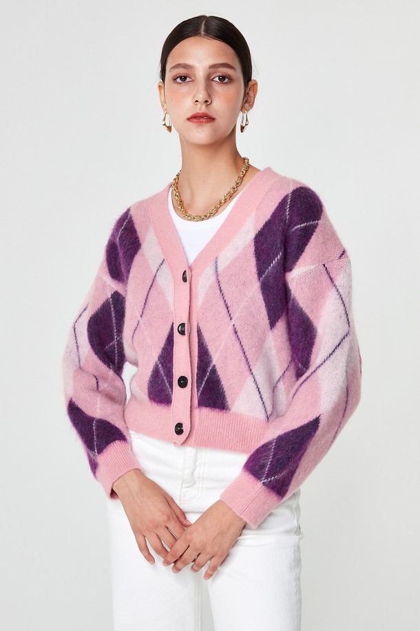 pelote - 가디건 - Mohair Argyle Crop Cardigan