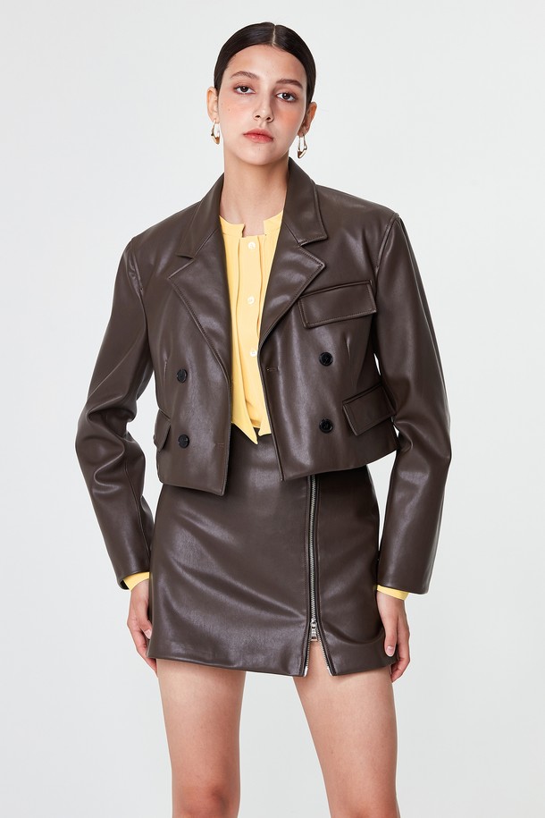 pelote - 레더 자켓 - Eco-Leather Dubble Button Crop Jacket