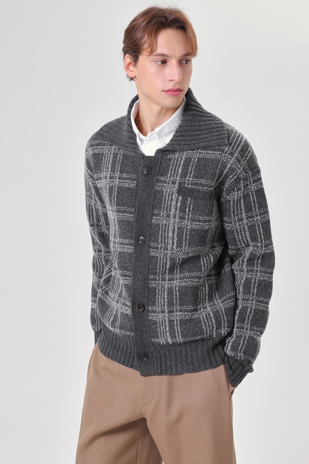 pelote - 가디건 - Tartan Check Collar Neck Boucle Wool Cardigan