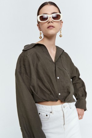 unbalanced shirring linen shirt