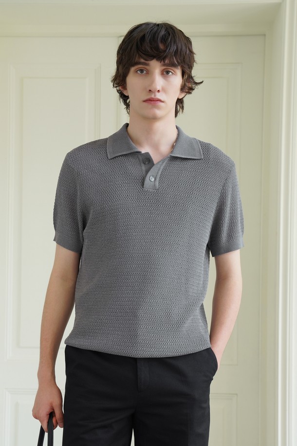 pelote - 스웨터 - Half-button Collar Short-sleeved Knit