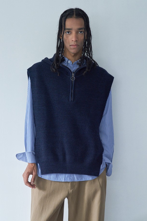 pelote - 베스트 - Hooded Knit Vest (Navy)