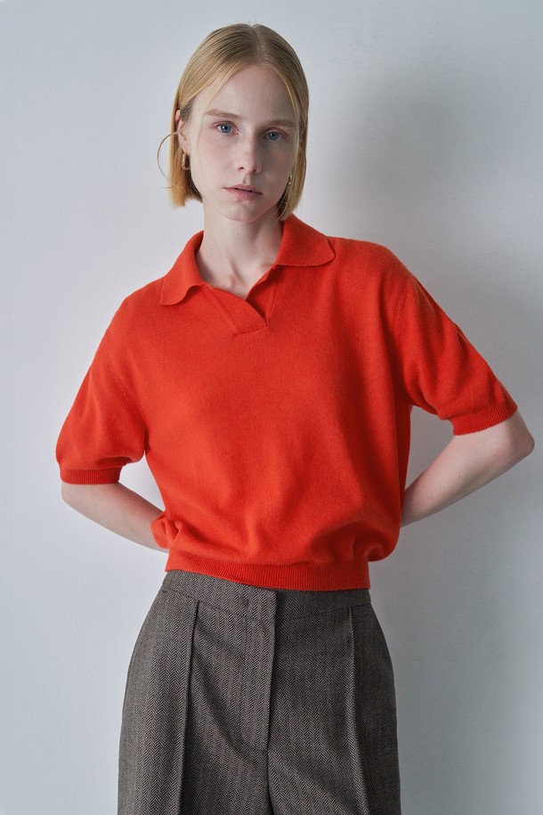 pelote - 스웨터 - Wool cashmere knit collar top (Orange)