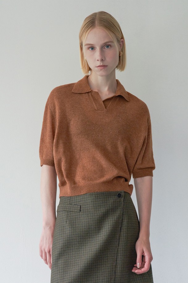 pelote - 스웨터 - Wool cashmere knit collar top (Brown)