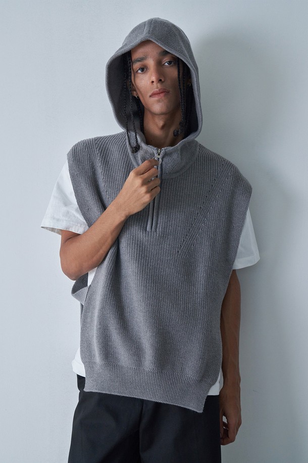 pelote - 베스트 - Hooded Knit Vest (Grey)