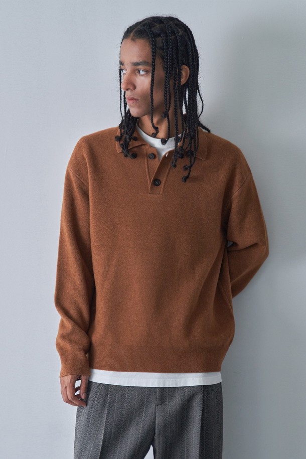 pelote - 스웨터 - WOOL CASHMERE TWO FACED KNIT COLLAR TOP (Brown)