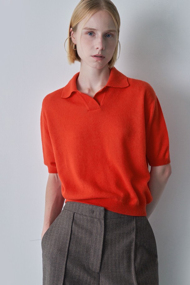 pelote - 스웨터 - Wool cashmere knit collar top (Orange)