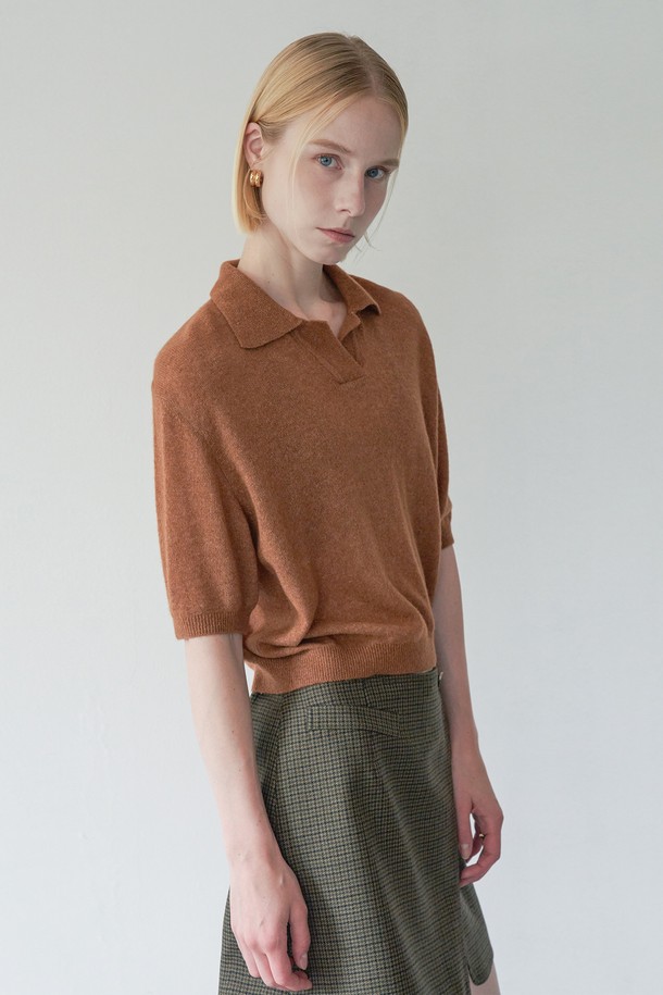 pelote - 스웨터 - Wool cashmere knit collar top (Brown)