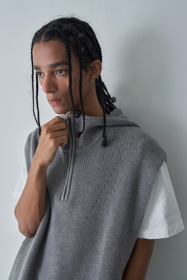 pelote - 베스트 - Hooded Knit Vest (Grey)