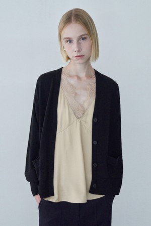 Woven Patch belted cardigan (Black)