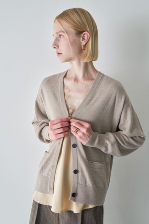 Woven Patch belted cardigan (Beige)