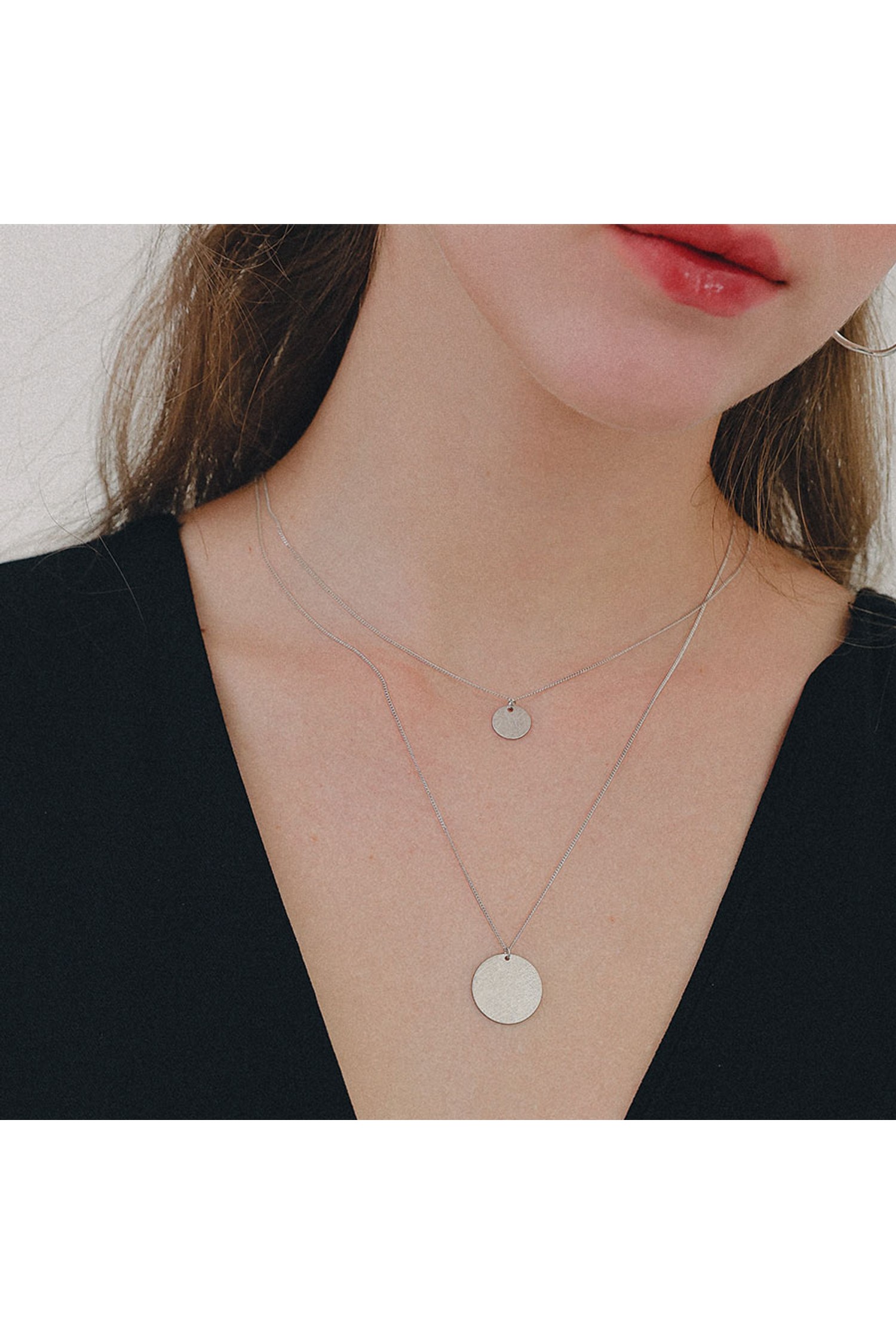 제이로렌] 더블 레이어드 스크래치 코인 실버 목걸이