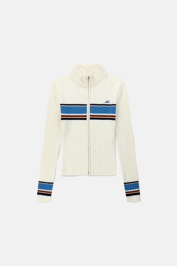 SUNLOVE - 가디건 - W Striped Full Zip Knit Cardigan Ivory