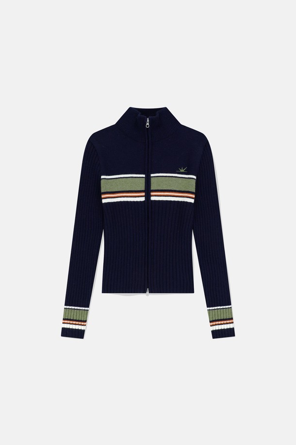 SUNLOVE - 가디건 - W Striped Full Zip Knit Cardigan Navy