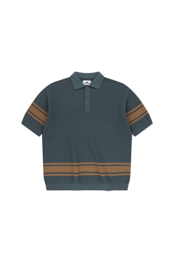 SUNLOVE - 반팔티셔츠 - Border Crochet Knit Polo Navy