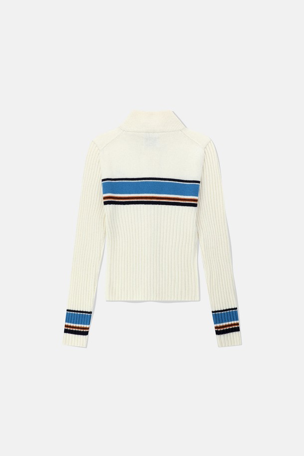 SUNLOVE - 가디건 - W Striped Full Zip Knit Cardigan Ivory