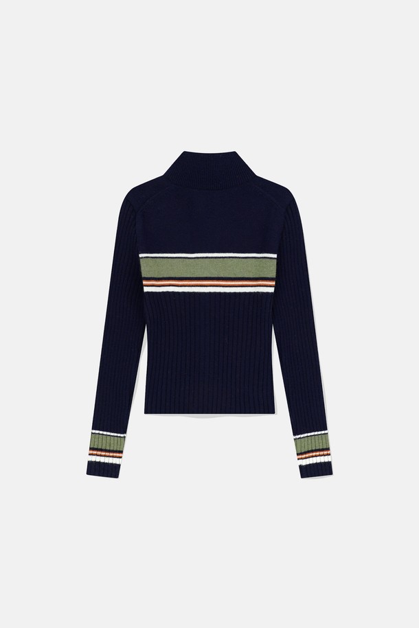 SUNLOVE - 가디건 - W Striped Full Zip Knit Cardigan Navy