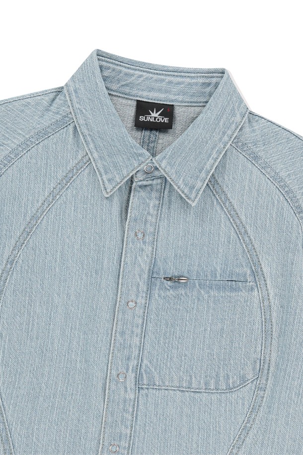 SUNLOVE - 반소매 티셔츠 - W Wave Aero Denim Shirts Light Blue