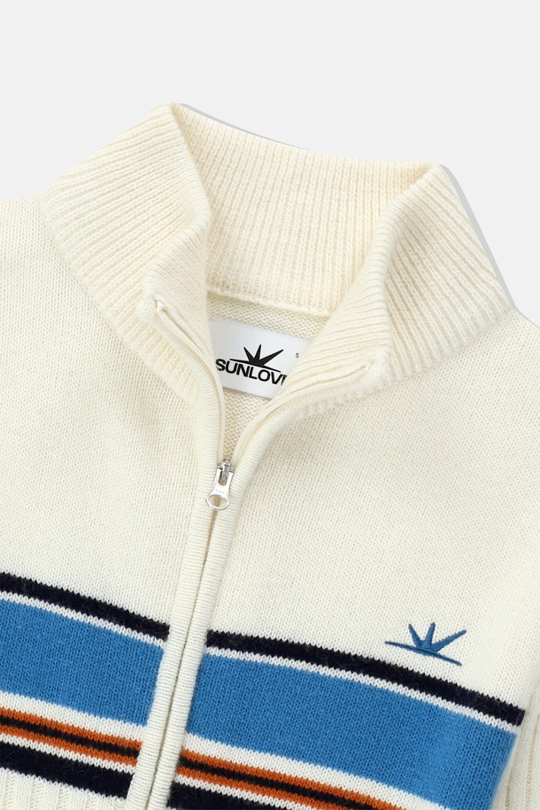 SUNLOVE - 가디건 - W Striped Full Zip Knit Cardigan Ivory