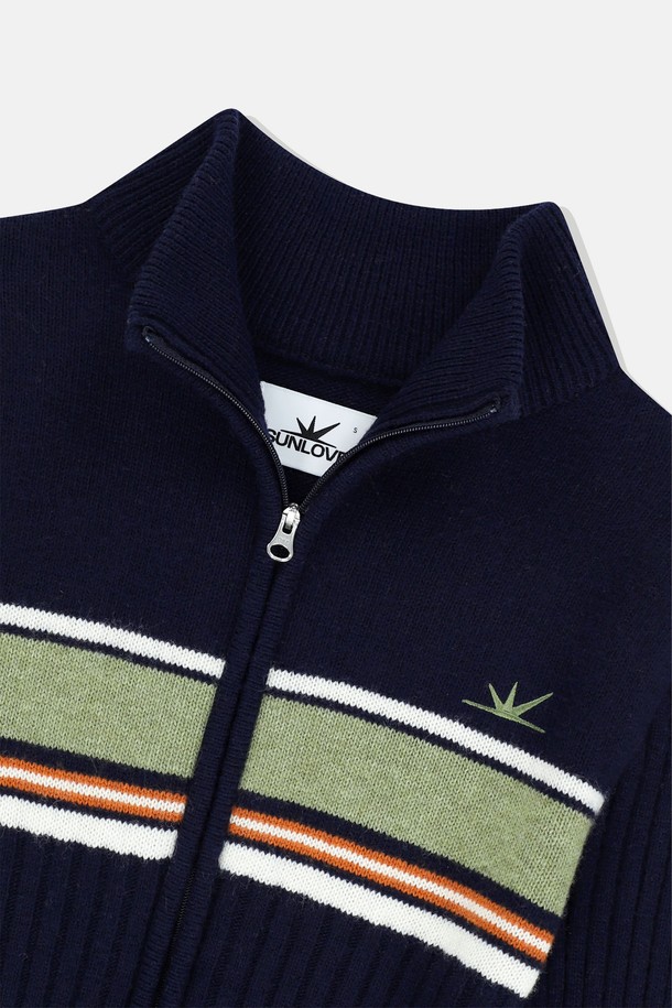 SUNLOVE - 가디건 - W Striped Full Zip Knit Cardigan Navy