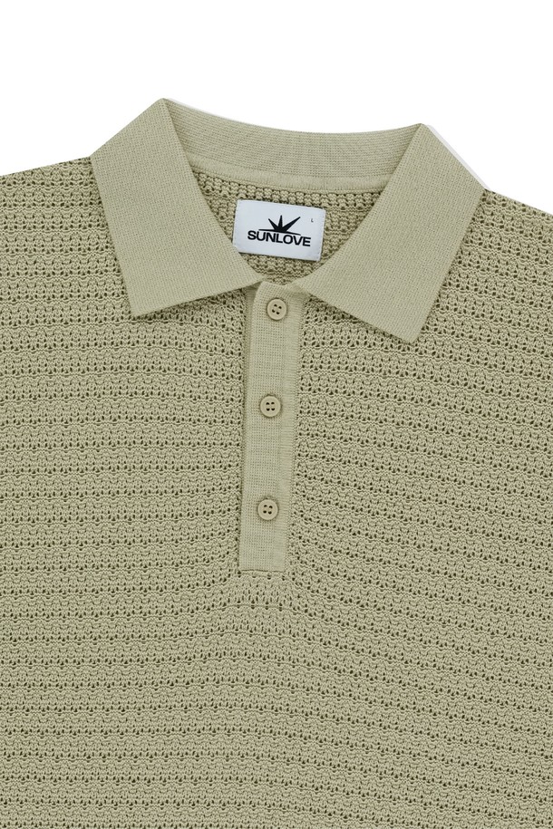 SUNLOVE - 반팔티셔츠 - Border Crochet Knit Polo Beige