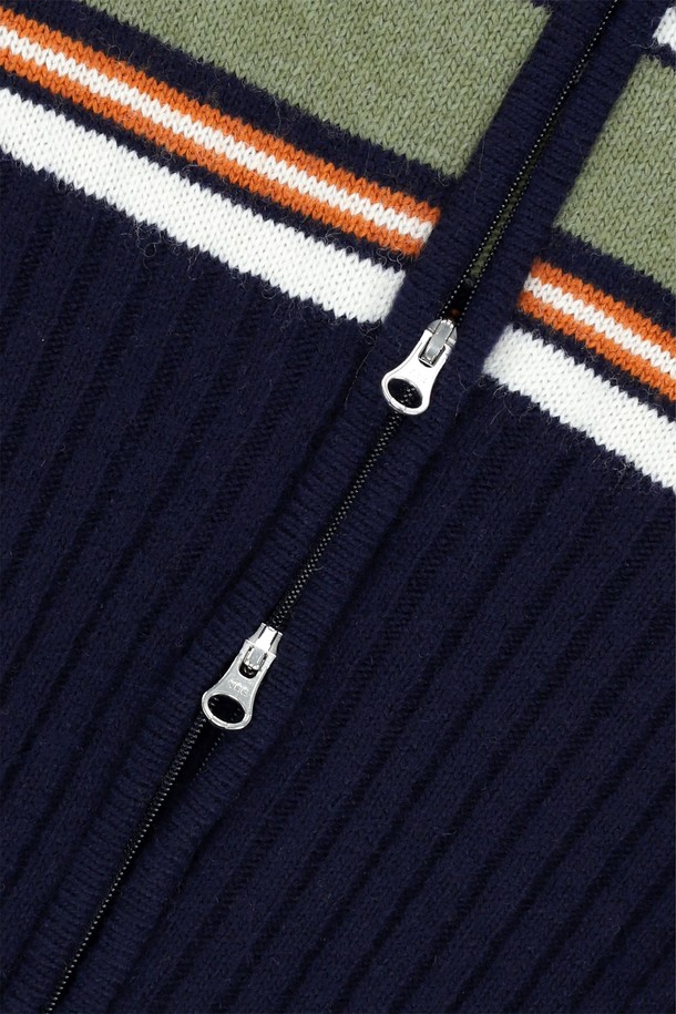 SUNLOVE - 가디건 - W Striped Full Zip Knit Cardigan Navy