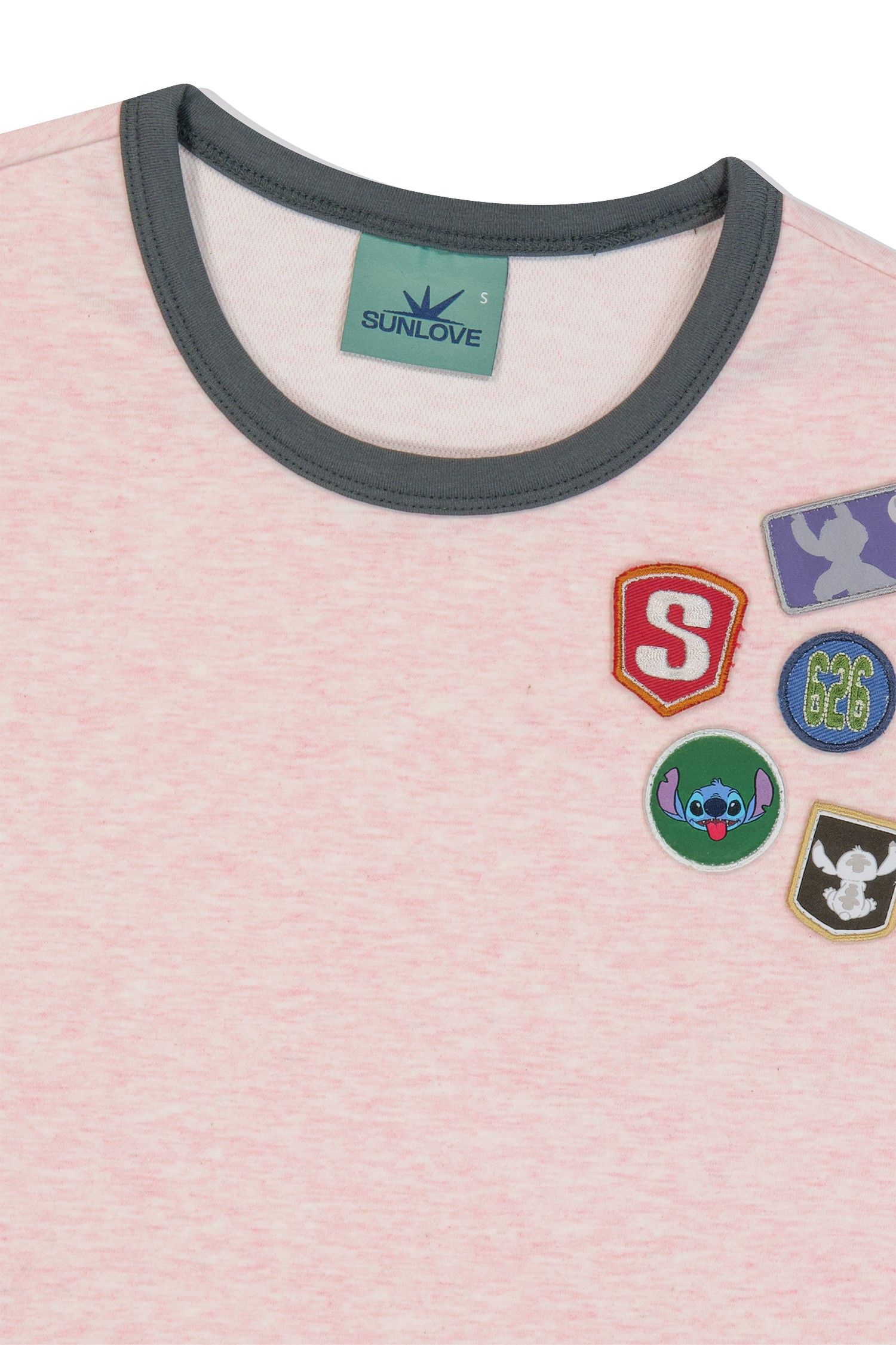 【SUNLOVE】 [STITCH] W Wappen Ringer Tee /追跡付 SUNLOVE] 스티치 와펜 링거 티셔츠 헤더 핑크